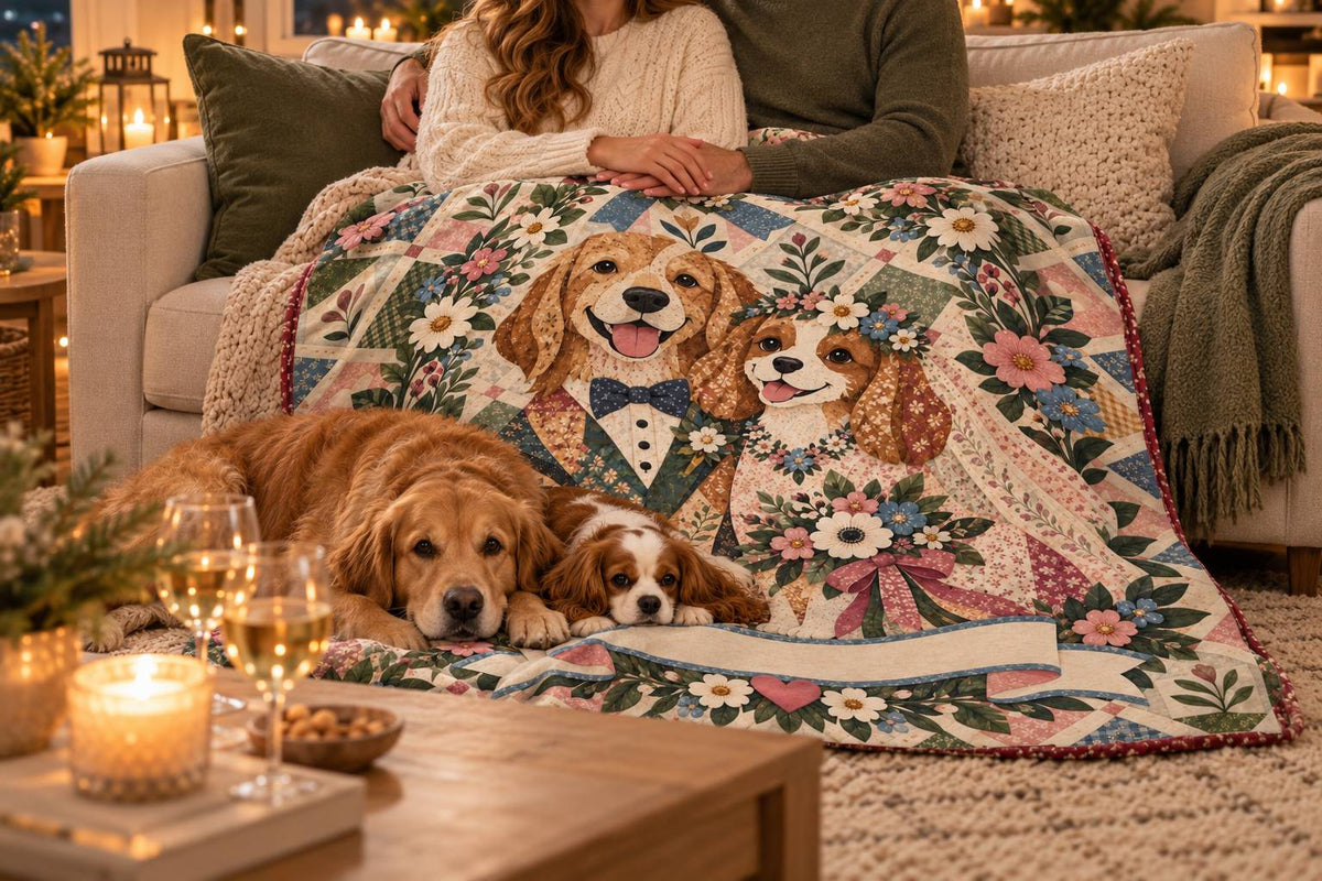 Couple relaxing under a personalized couple name blanket with their two dogs