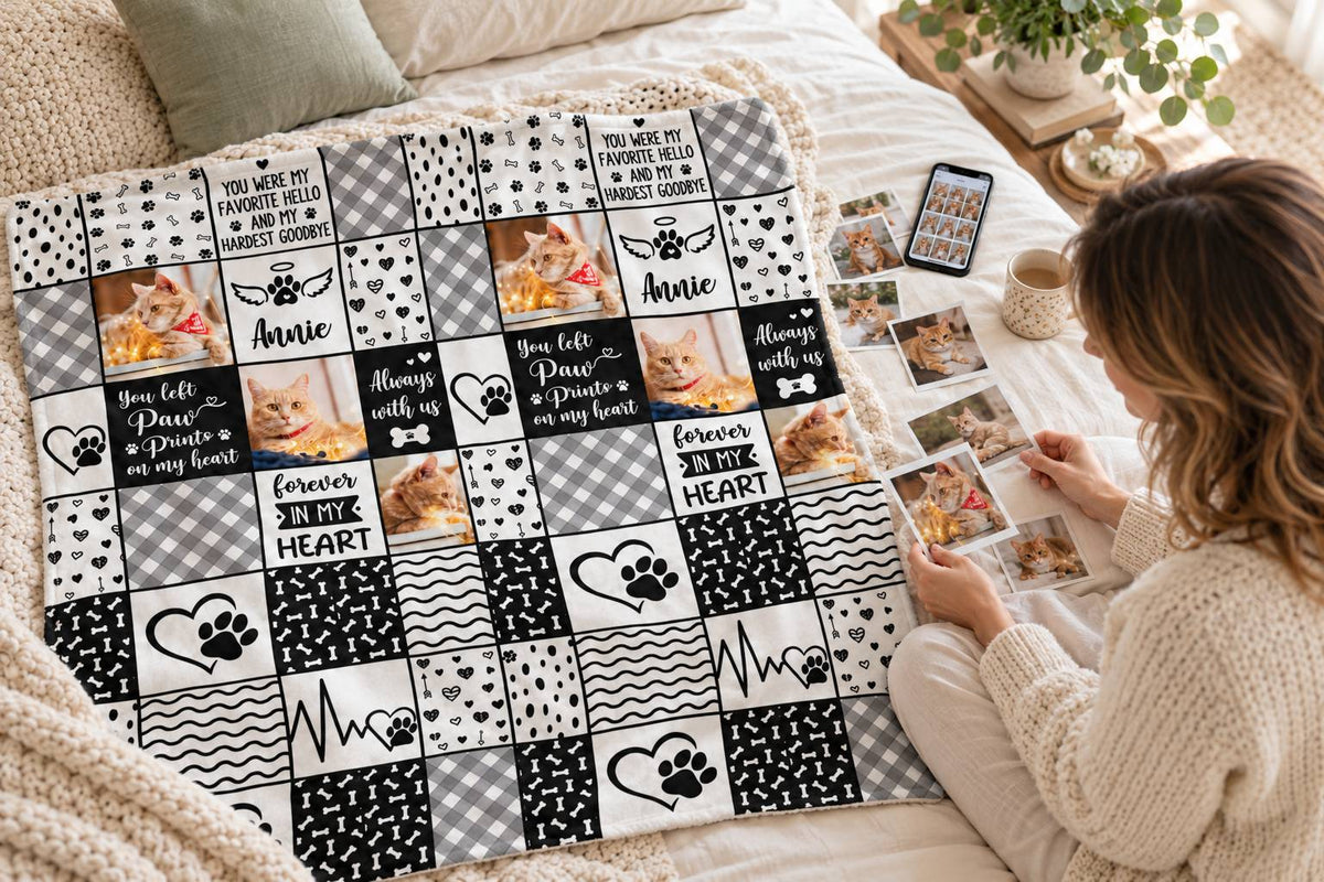 Woman arranging printed pet photos beside a Forever In My Heart photo collage blanket on a bed
