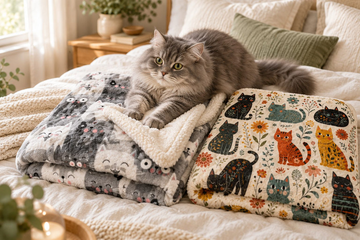 Grey cat lying on two folded cat print blankets, one showing its cream sherpa back