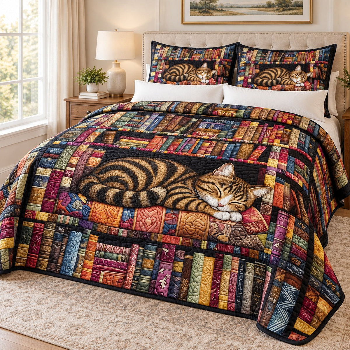 Colorful patchwork quilt of a sleeping striped tabby cat surrounded by book spines, spread over a queen bed with two matching shams in a bright bedroom