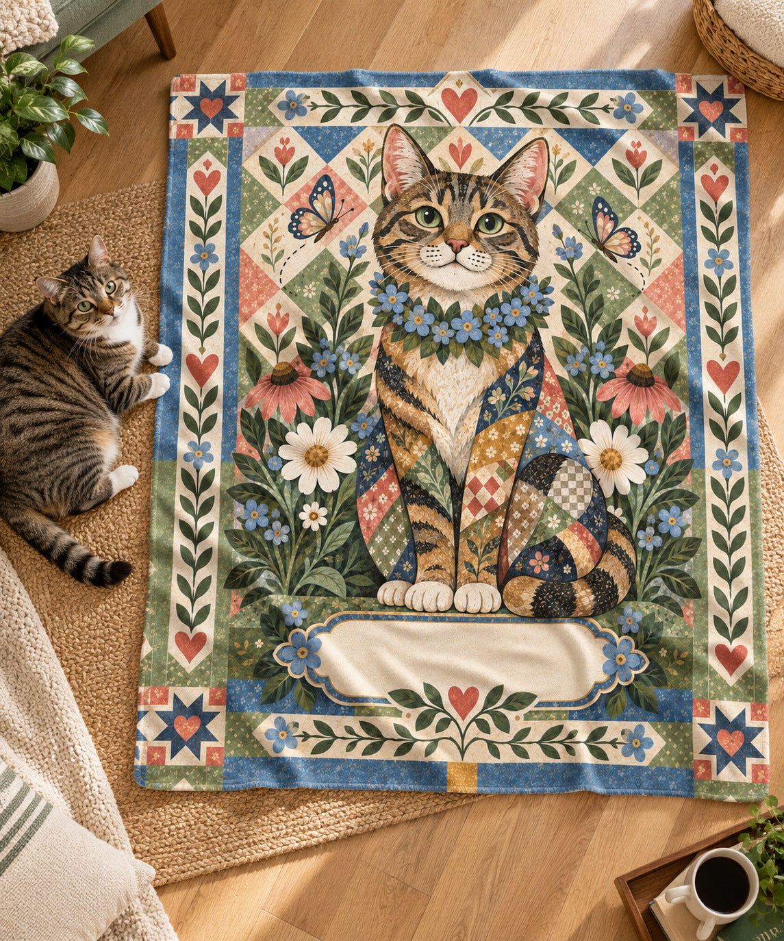 Folk-art tabby cat name blanket with flowers and a heart border laid on a woven rug, with a real tabby cat lying beside it on a wooden floor