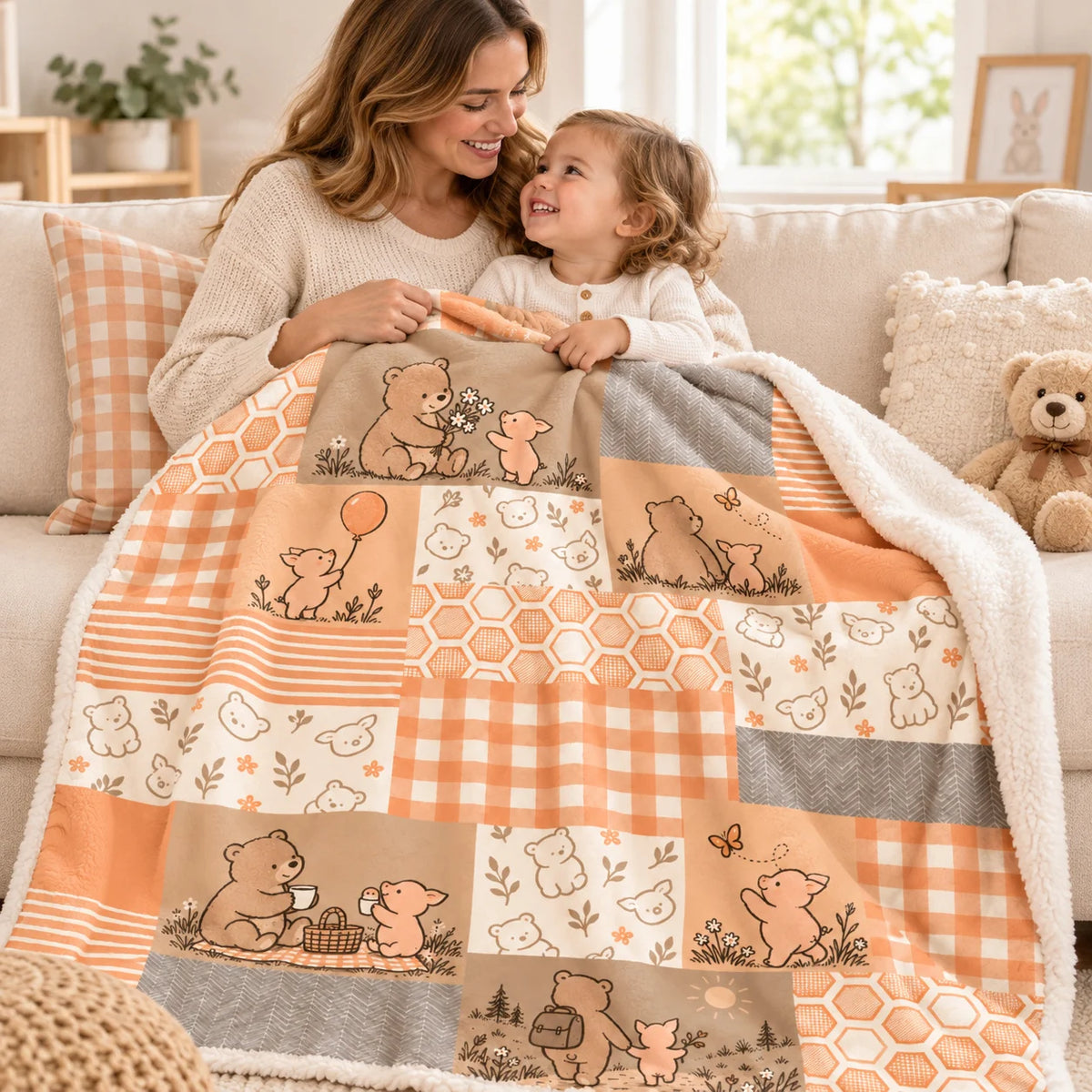 Kittens and Florals nursery blanket on a sofa