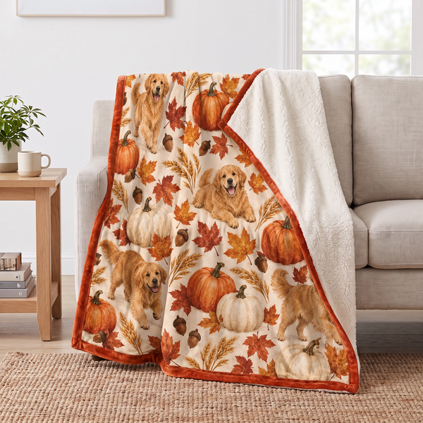 Golden Retriever Pumpkin Harvest sherpa blanket draped over a sofa, corner folded back to show the cream sherpa reverse