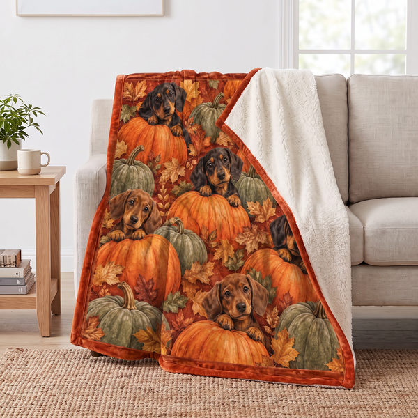 Pumpkin Patch Dachshund sherpa blanket draped over a sofa, corner folded back to show the cream sherpa reverse