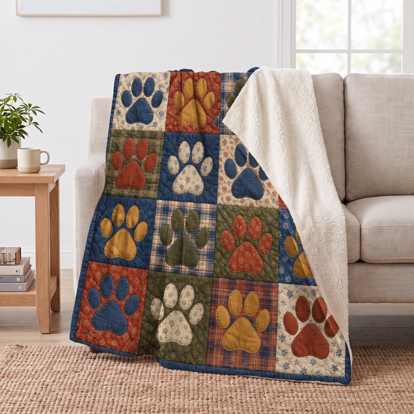 Paw Print Patchwork Dog sherpa blanket draped over a sofa, corner folded back to show the cream sherpa reverse