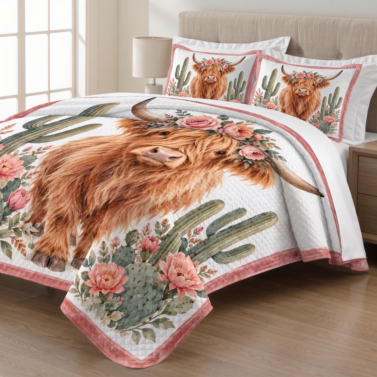 Desert Rose Highland Cow quilt set with two matching pillow shams on a made bed