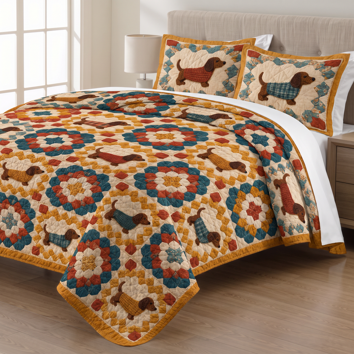 Granny Square Dachshund quilt set with two matching pillow shams on a made bed