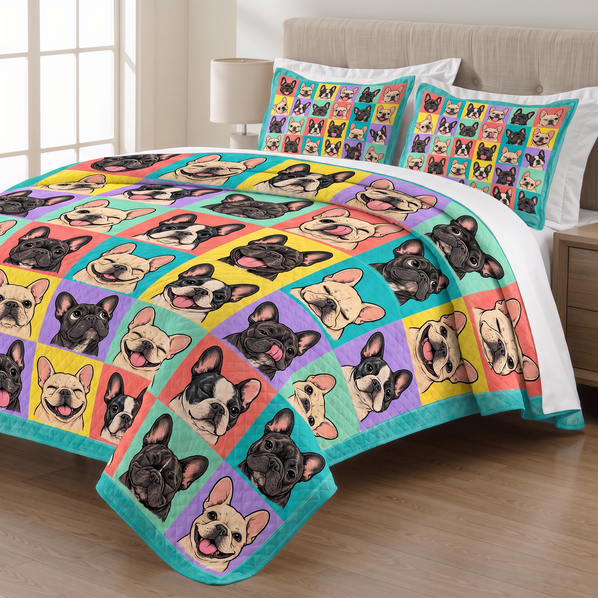 Pop Art French Bulldog Grid quilt set with two matching pillow shams on a made bed