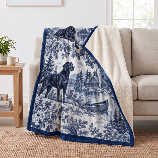 Black Labrador Navy Toile sherpa blanket draped over a sofa, corner folded back to show the cream sherpa reverse