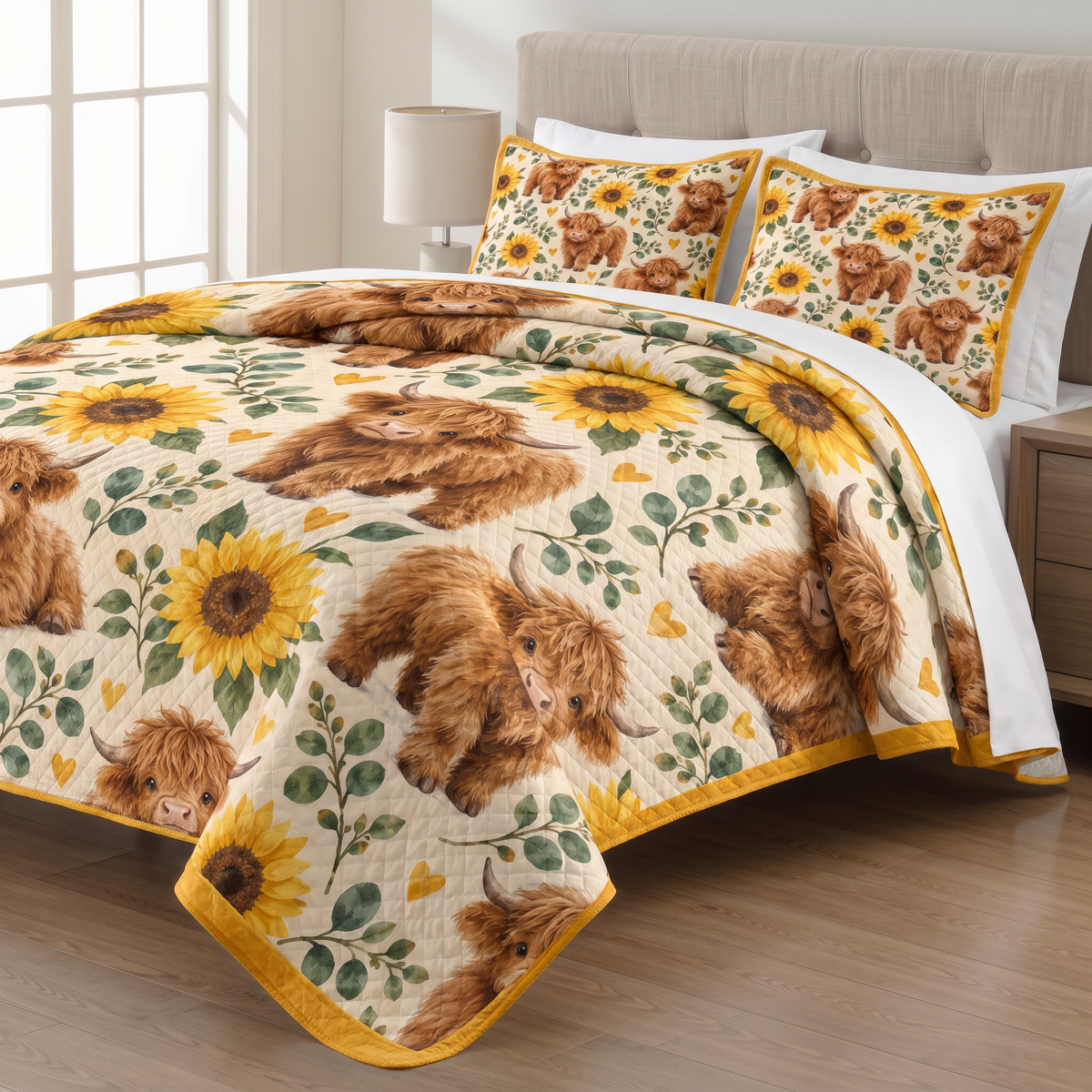 Sunflower Highland Cow quilt set with two matching pillow shams on a made bed