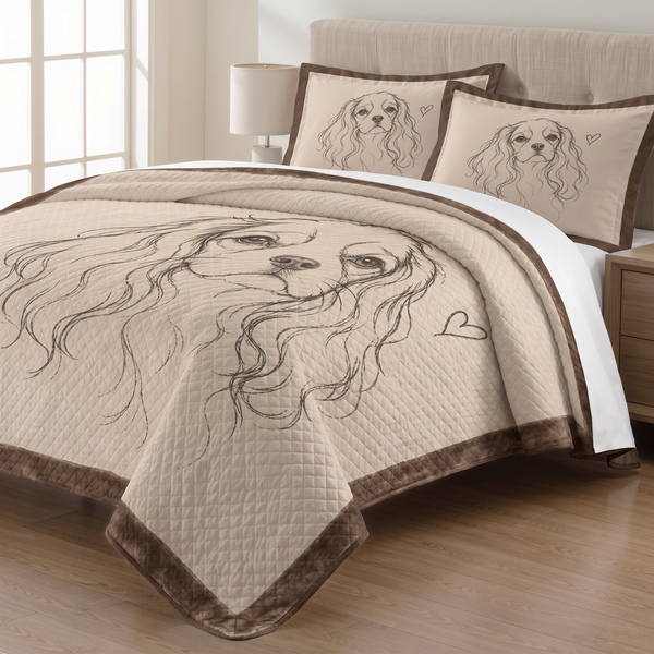 Line Art Spaniel quilt set with two matching pillow shams on a made bed