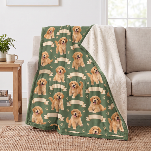 Golden Retriever Puppy Ribbon sherpa blanket draped over a sofa, corner folded back to show the cream sherpa reverse