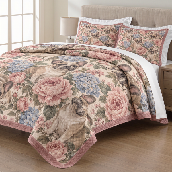 Vintage Rose French Bulldog quilt set with two matching pillow shams on a made bed
