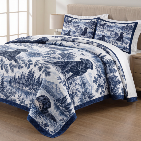 Black Labrador Navy Toile quilt set with two matching pillow shams on a made bed