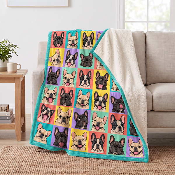 Pop Art French Bulldog Grid sherpa blanket draped over a sofa, corner folded back to show the cream sherpa reverse