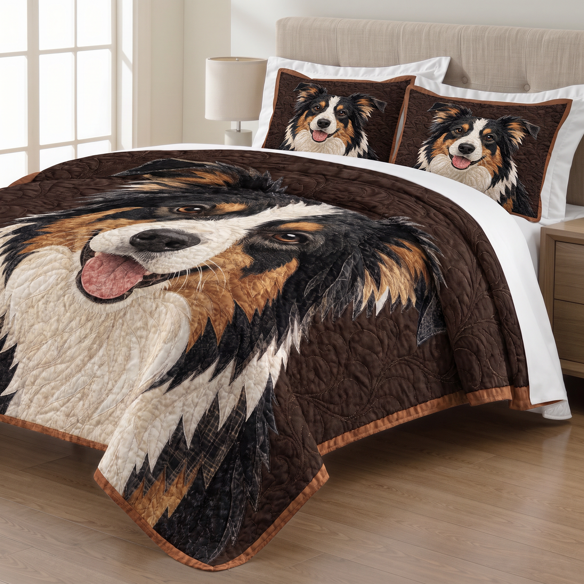 Stitched Border Collie Portrait quilt set with two matching pillow shams on a made bed