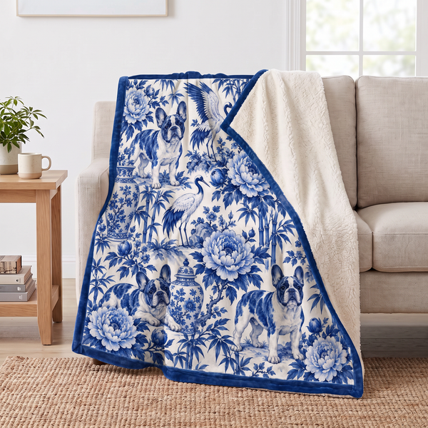 Chinoiserie French Bulldog sherpa blanket draped over a sofa, corner folded back to show the cream sherpa reverse