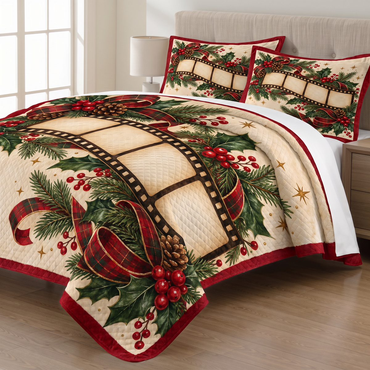 Christmas Film Strip Dogs quilt set with two matching pillow shams on a made bed
