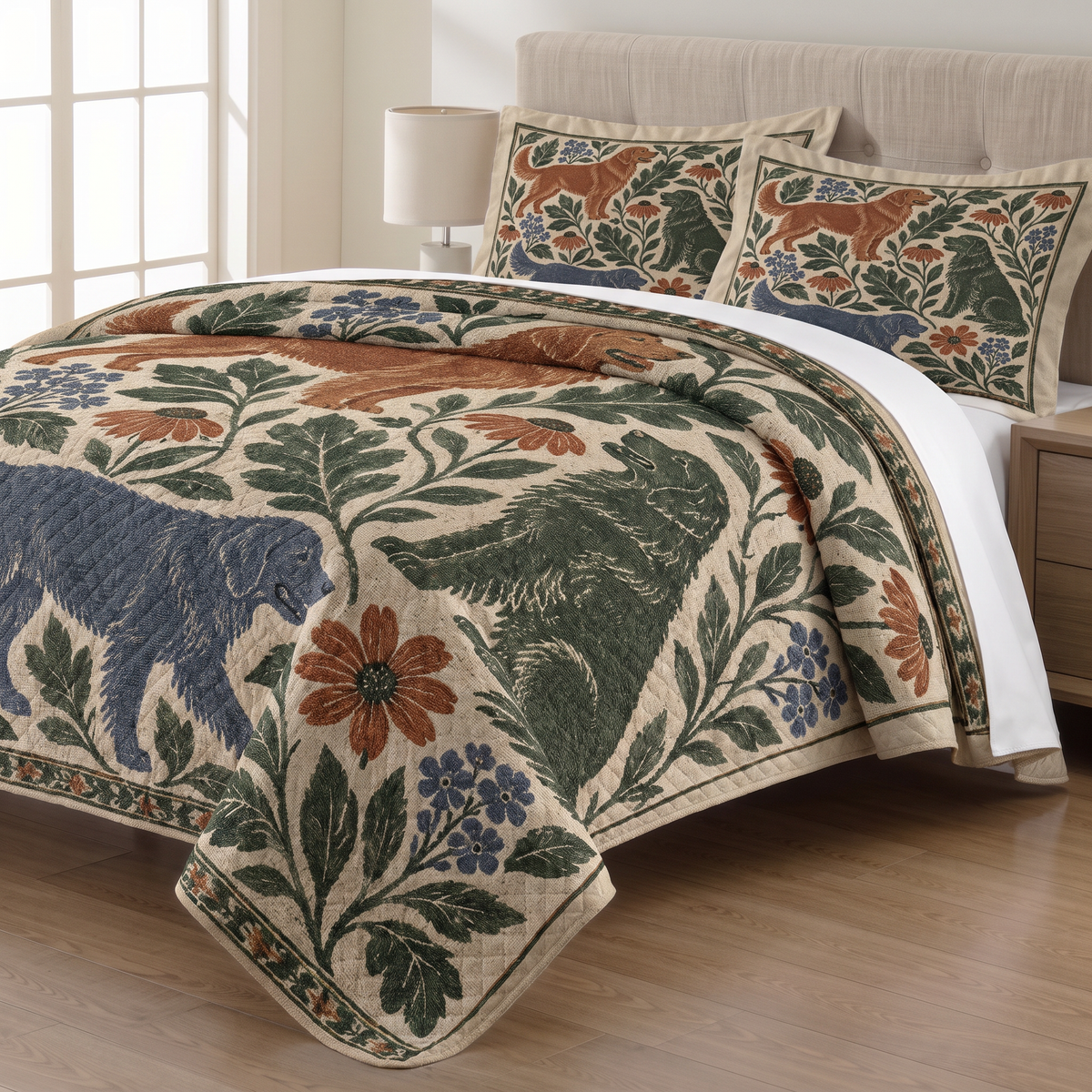 Botanical Golden Retriever quilt set with two matching pillow shams on a made bed