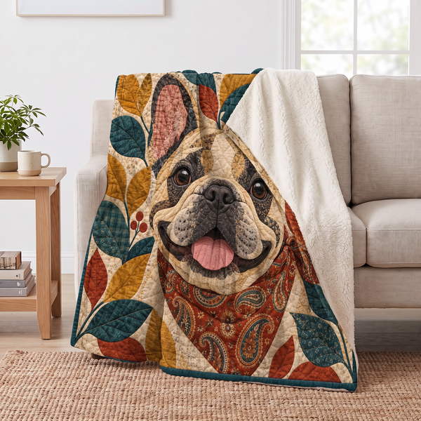 Folk Patchwork French Bulldog sherpa blanket draped over a sofa, corner folded back to show the cream sherpa reverse