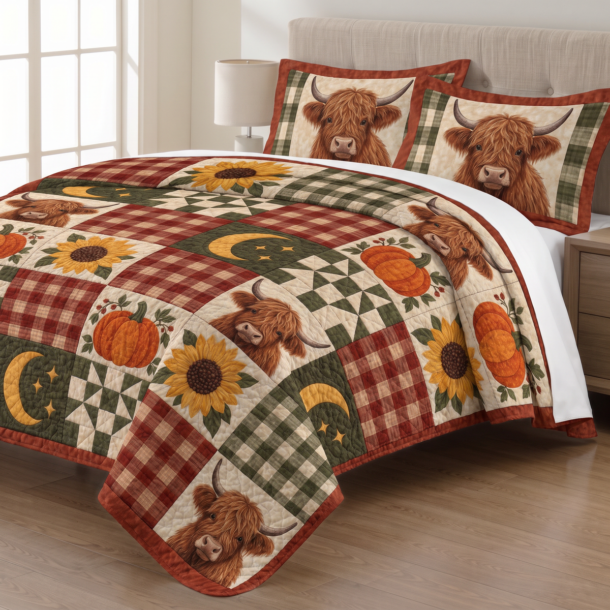 Autumn Plaid Highland Cow Patchwork quilt set with two matching pillow shams on a made bed