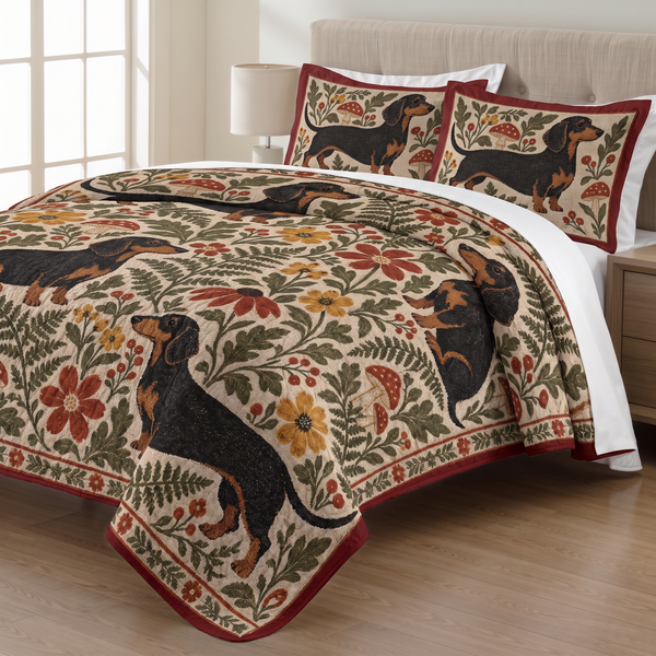 Folk Garden Dachshund quilt set with two matching pillow shams on a made bed