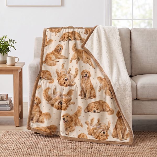 Playful Golden Retriever sherpa blanket draped over a sofa, corner folded back to show the cream sherpa reverse