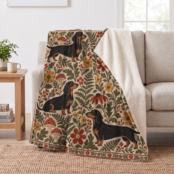 Folk Garden Dachshund sherpa blanket draped over a sofa, corner folded back to show the cream sherpa reverse