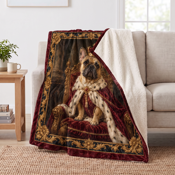 Royal French Bulldog Portrait sherpa blanket draped over a sofa, corner folded back to show the cream sherpa reverse