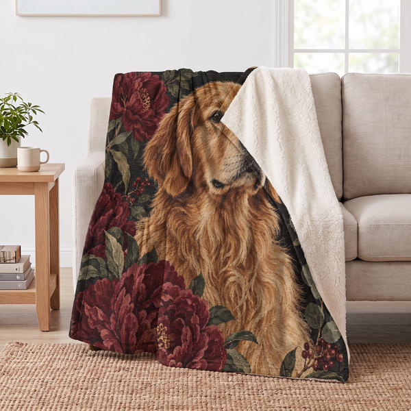 Peony Golden Retriever Portrait sherpa blanket draped over a sofa, corner folded back to show the cream sherpa reverse