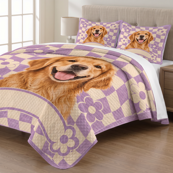 Retro Checkerboard Golden Retriever quilt set with two matching pillow shams on a made bed