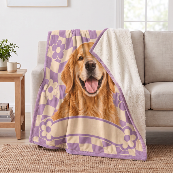 Retro Checkerboard Golden Retriever sherpa blanket draped over a sofa, corner folded back to show the cream sherpa reverse