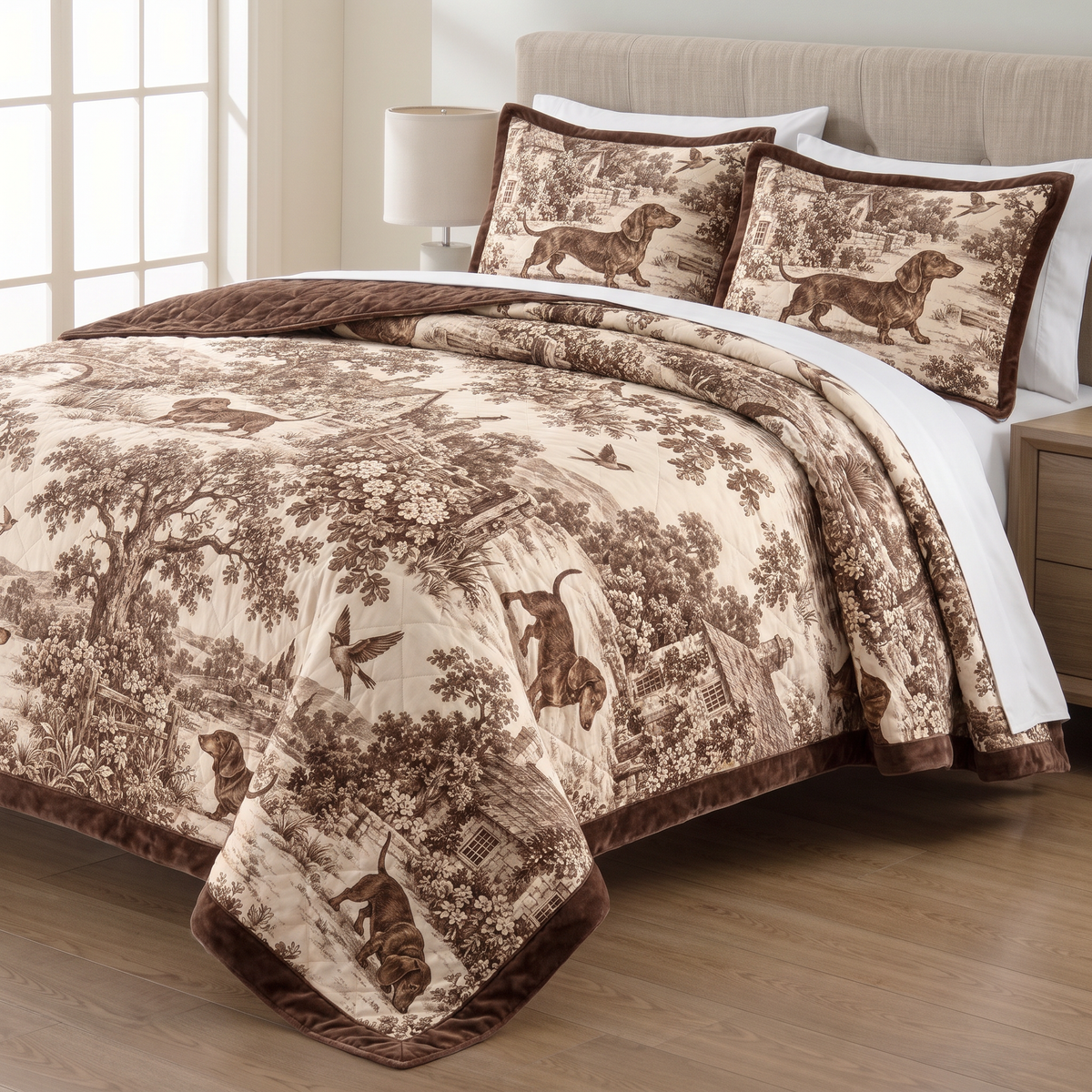 Dachshund Toile de Jouy quilt set with two matching pillow shams on a made bed