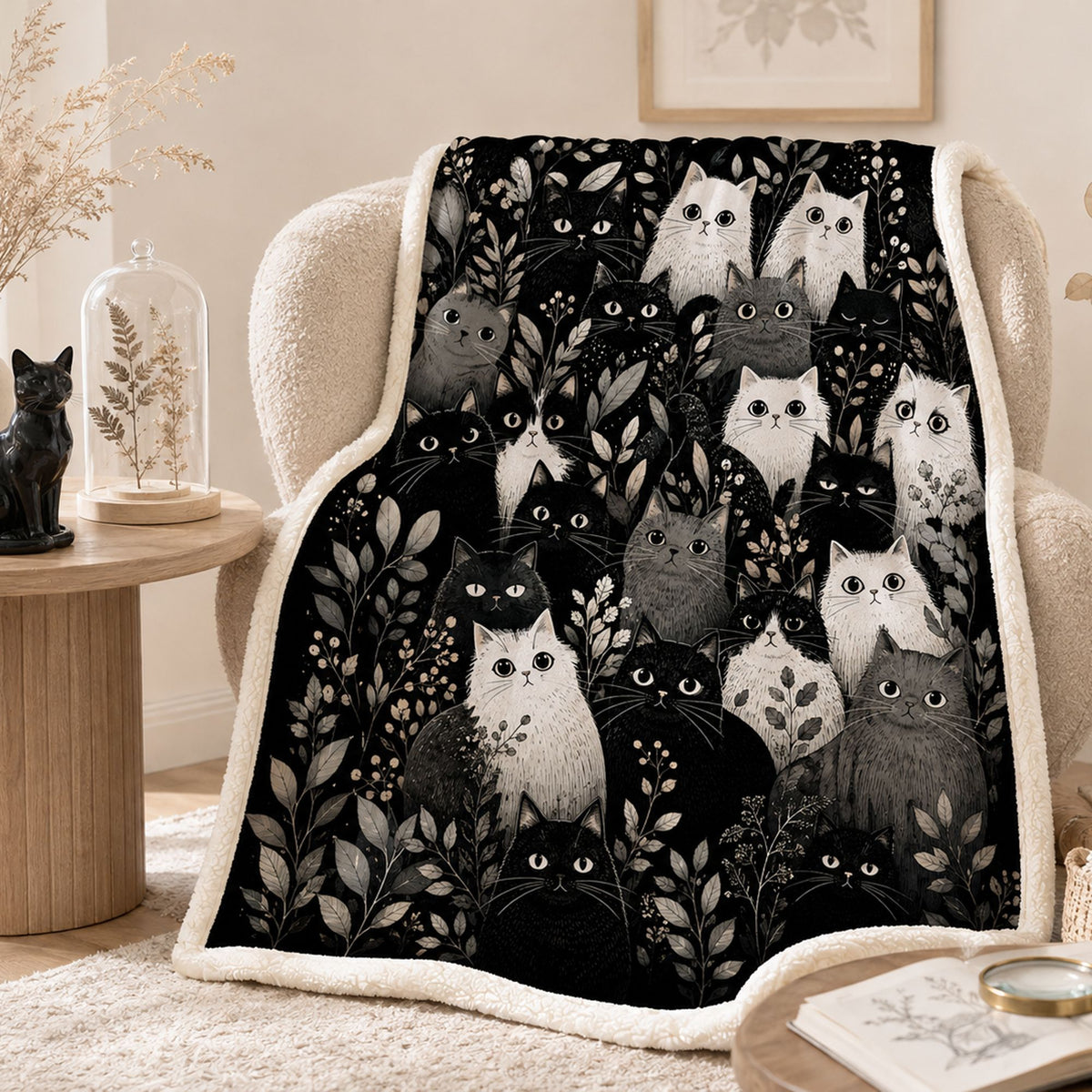 PawMoM black and white cat crowd sherpa blanket