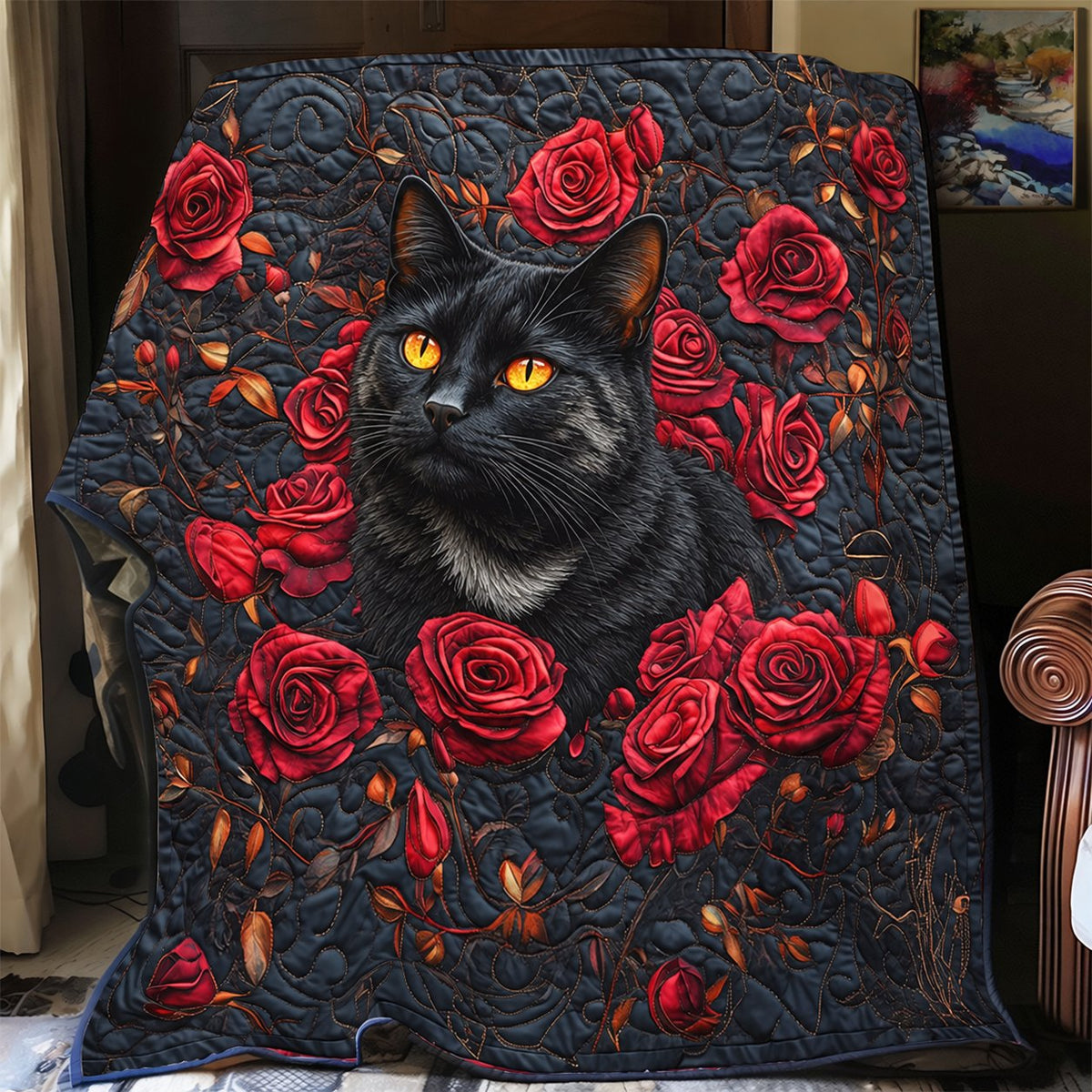 Black Cat & Red Roses quilt – charcoal quilt with a golden-eyed black cat among deep red roses