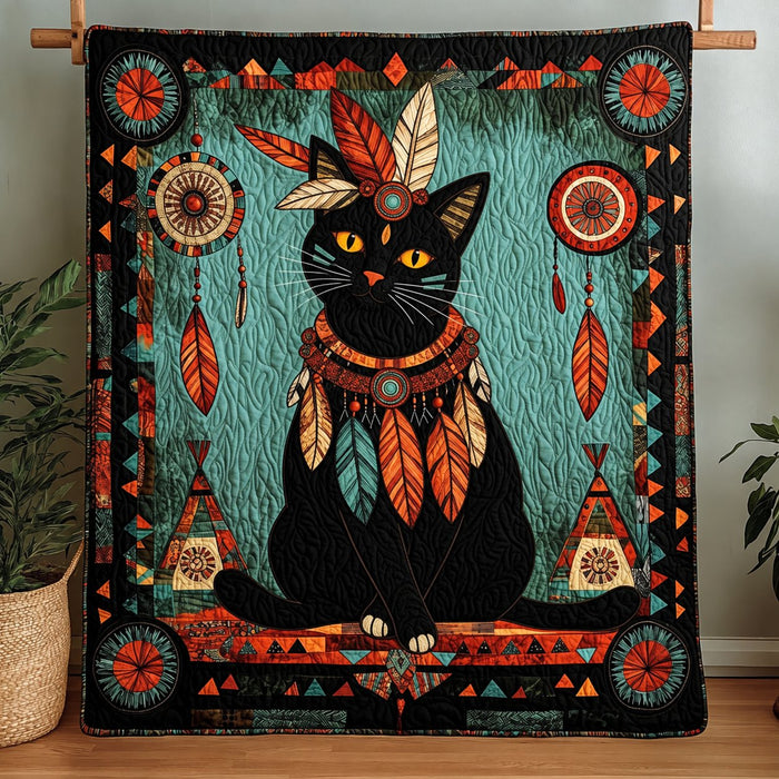 Boho Feather Black Cat quilt – turquoise quilt with a black cat wearing feathers surrounded by dreamcatchers