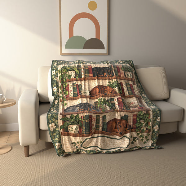 Bookshelf Dachshund fleece throw blanket draped over a sofa