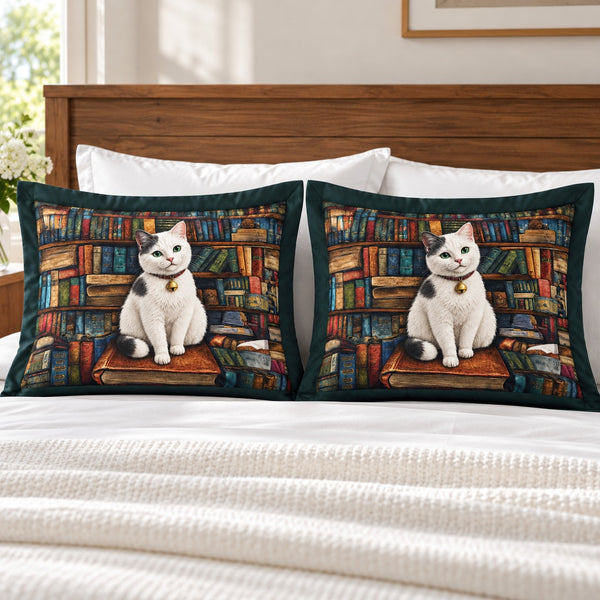 Bookworm White Cat pillow shams – set of two flanged shams against a wooden headboard