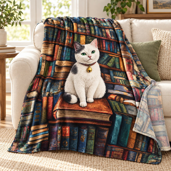 Bookworm White Cat throw blanket – lightweight printed flannel fleece draped over a cream sofa