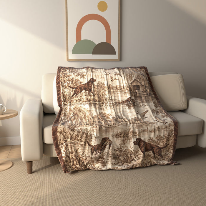 Chocolate Labrador Toile fleece throw blanket draped over a sofa