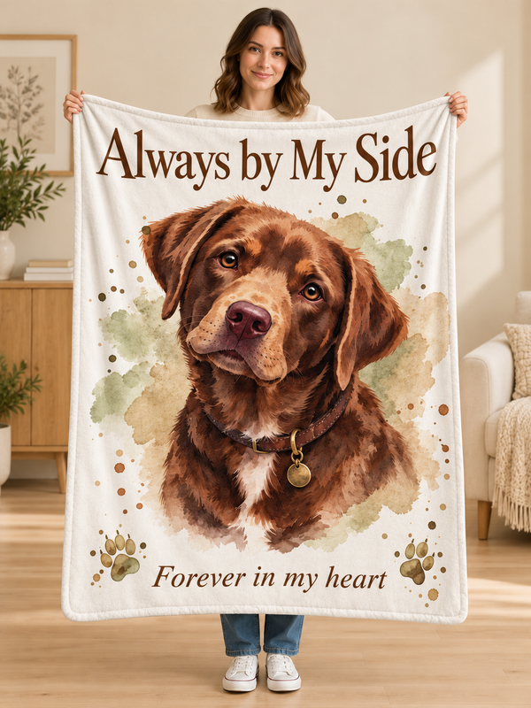 Woman holding the Always by My Side watercolor pet memorial fleece blanket