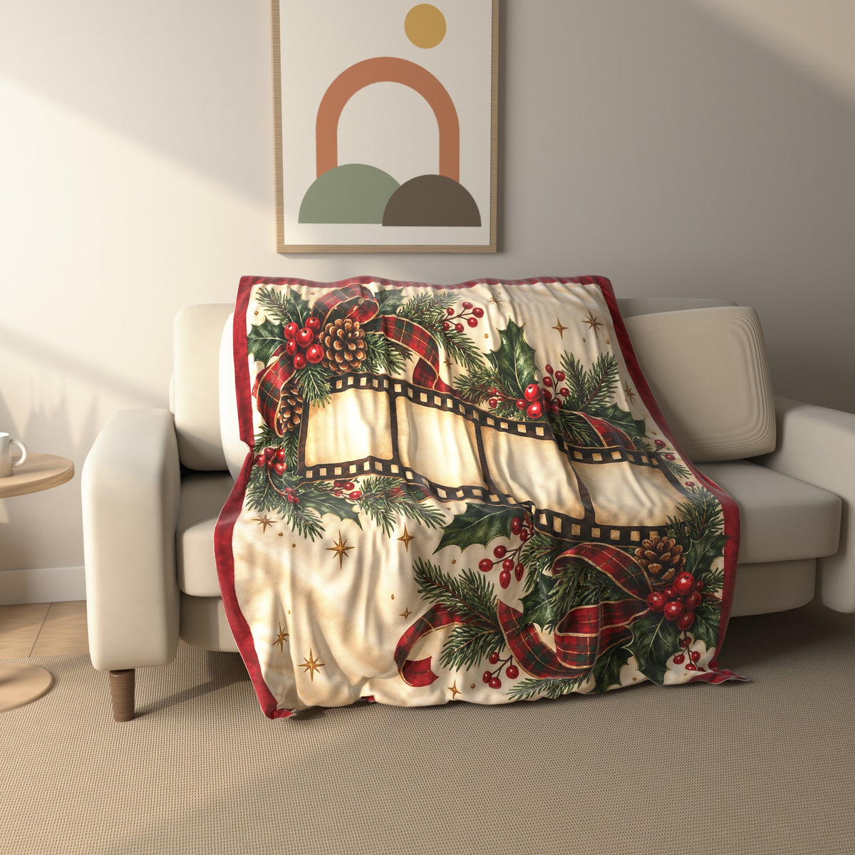 Christmas Film Strip Dogs fleece throw blanket draped over a sofa