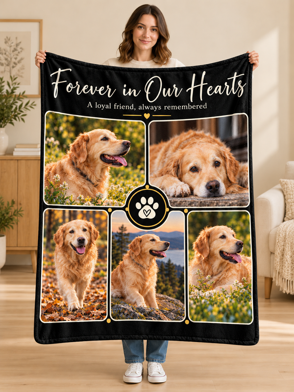 Woman holding the Forever in Our Hearts black pet memorial photo gallery fleece blanket