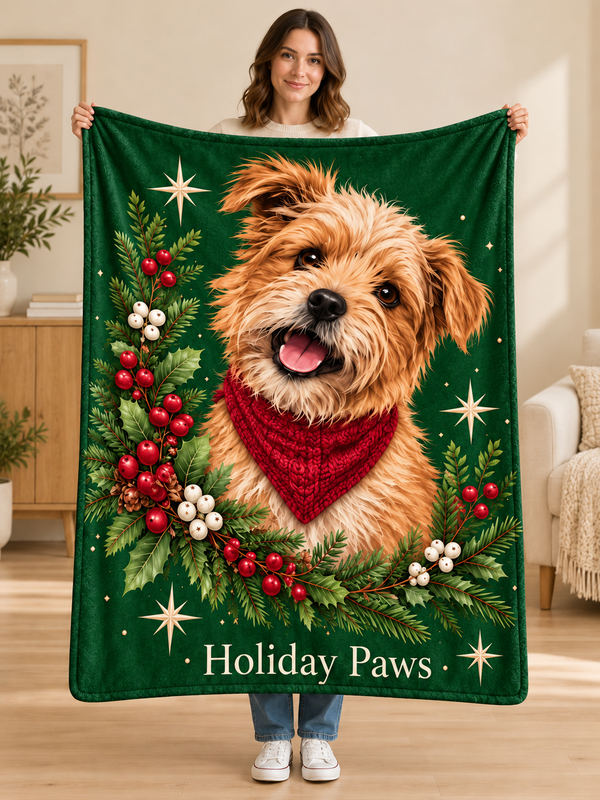 Woman holding the green Holiday Paws dog portrait Christmas fleece blanket