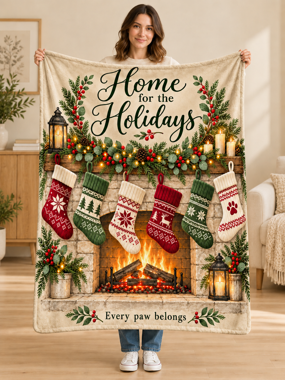 Woman holding the Home for the Holidays fireplace stockings Christmas fleece blanket