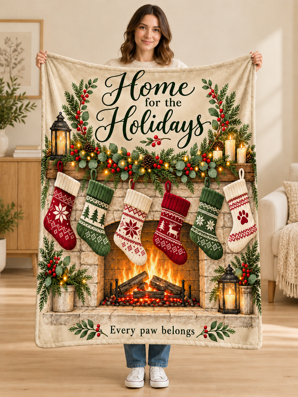 Woman holding the Home for the Holidays fireplace stockings Christmas fleece blanket