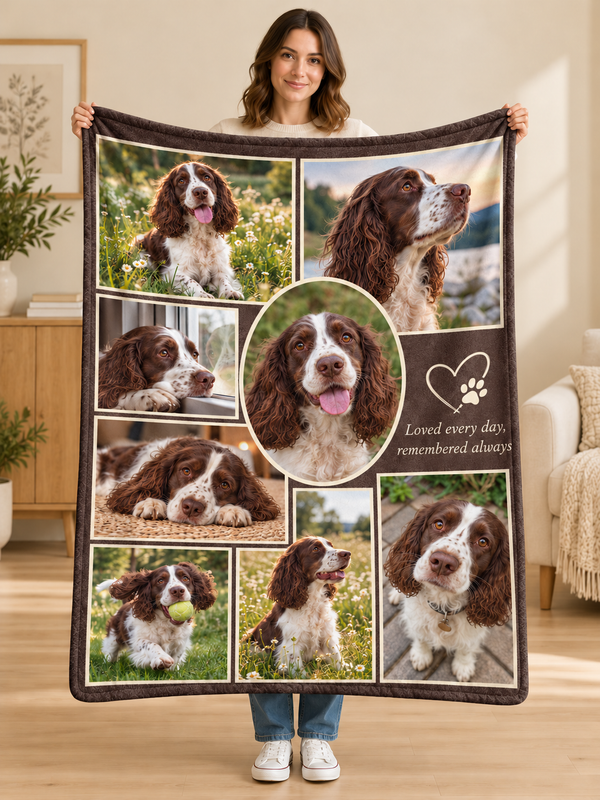 Woman holding a nine-photo pet memory collage fleece blanket