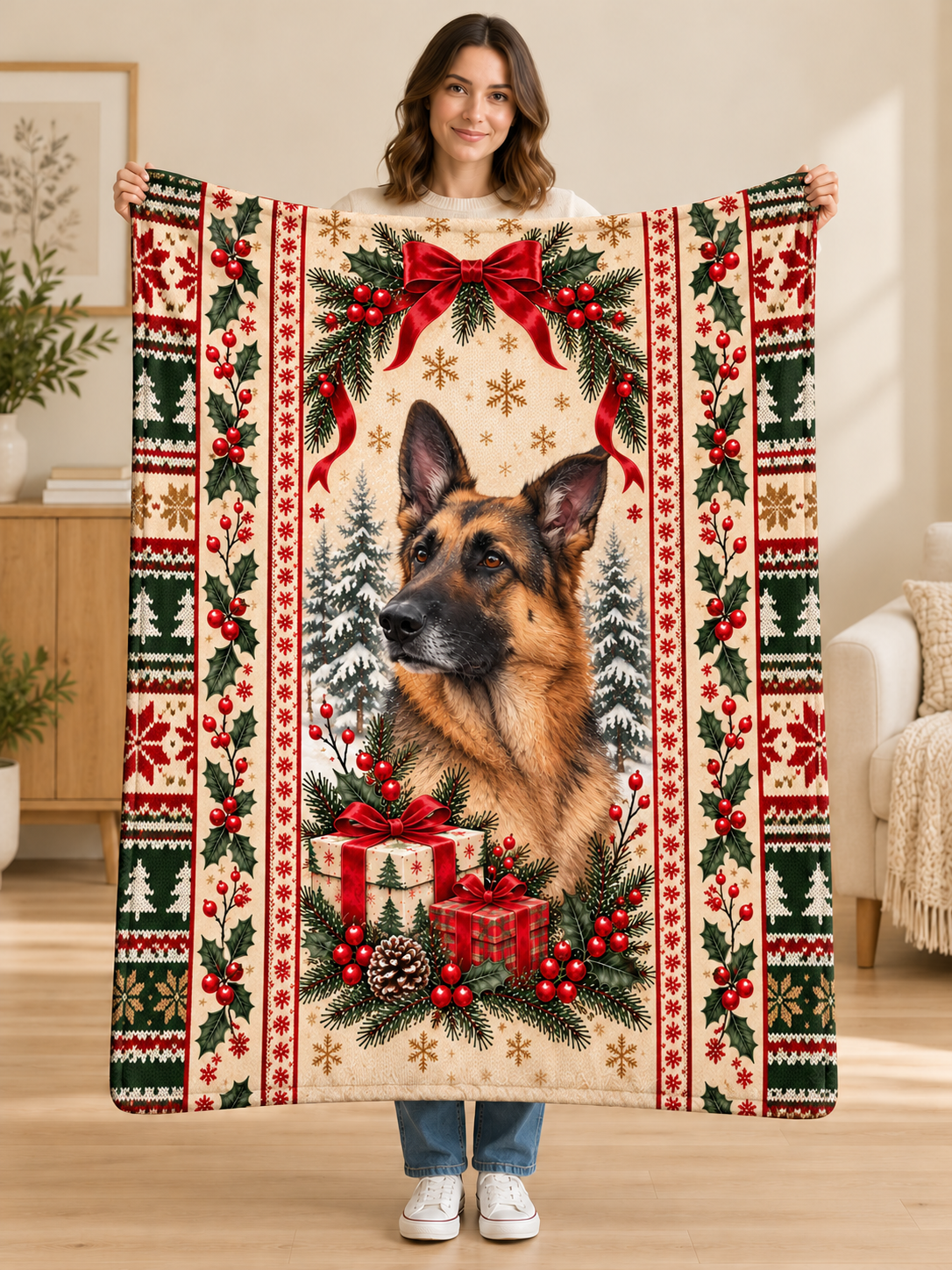 Woman holding a cream Nordic Christmas fleece blanket with a German Shepherd portrait