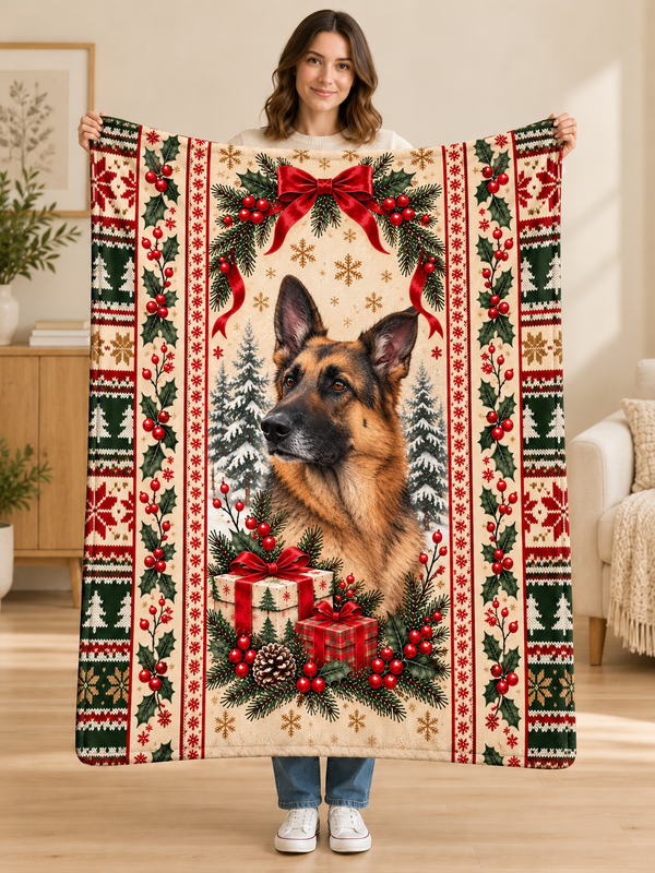 Woman holding a cream Nordic Christmas fleece blanket with a German Shepherd portrait