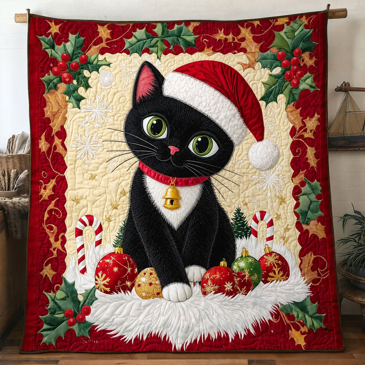 Christmas Santa Black Cat quilt – Christmas quilt with a black cat in a Santa hat surrounded by holly and baubles